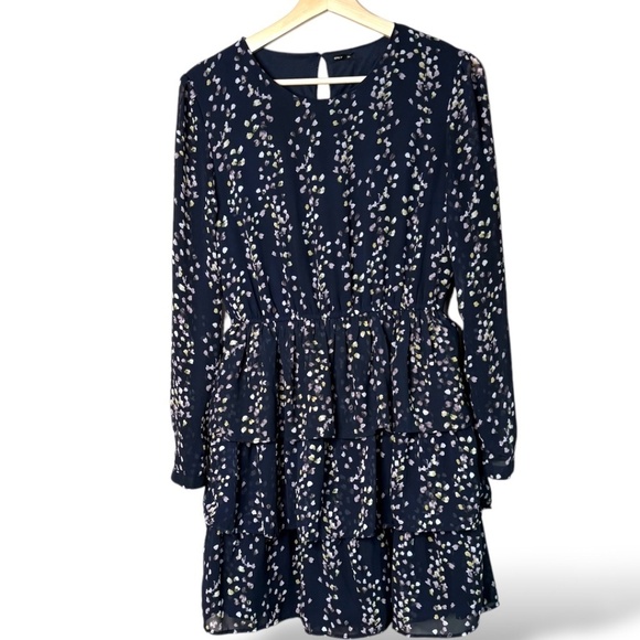 ONLY Easy Care Poly Chiffon Fully Lined, Tiered Long Sleeve Mini Dress US Sz 6 - Picture 3 of 11